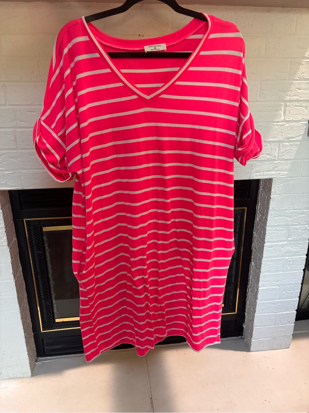 Zenana Outfitters Hot Pink & White Striped V-Neck Midi Dress
